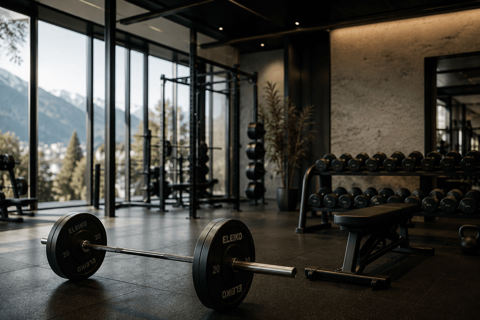 Langhantel und Krafttrainingsbereich in einem modernen Fitnessstudio