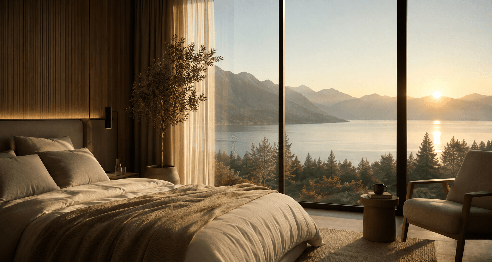 Ruhiges Schlafzimmer mit Blick auf einen See und Berge im warmen Morgenlicht