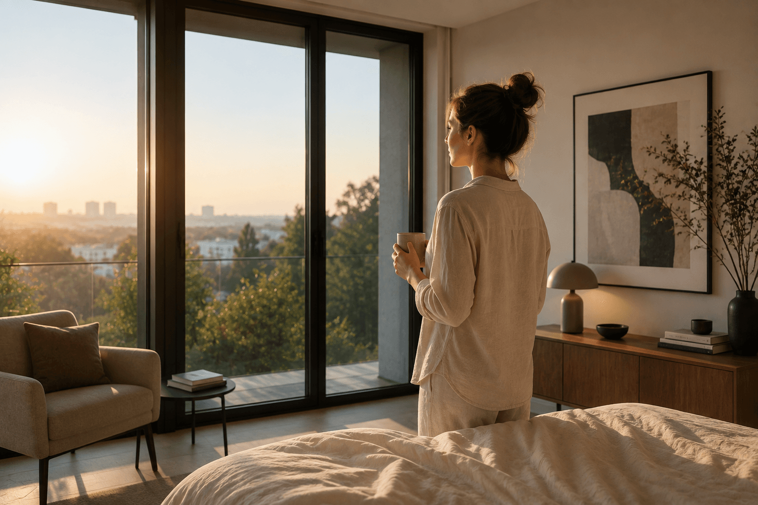 Frau am frühen Morgen in einer ruhigen modernen Wohnung mit natürlichem Tageslicht