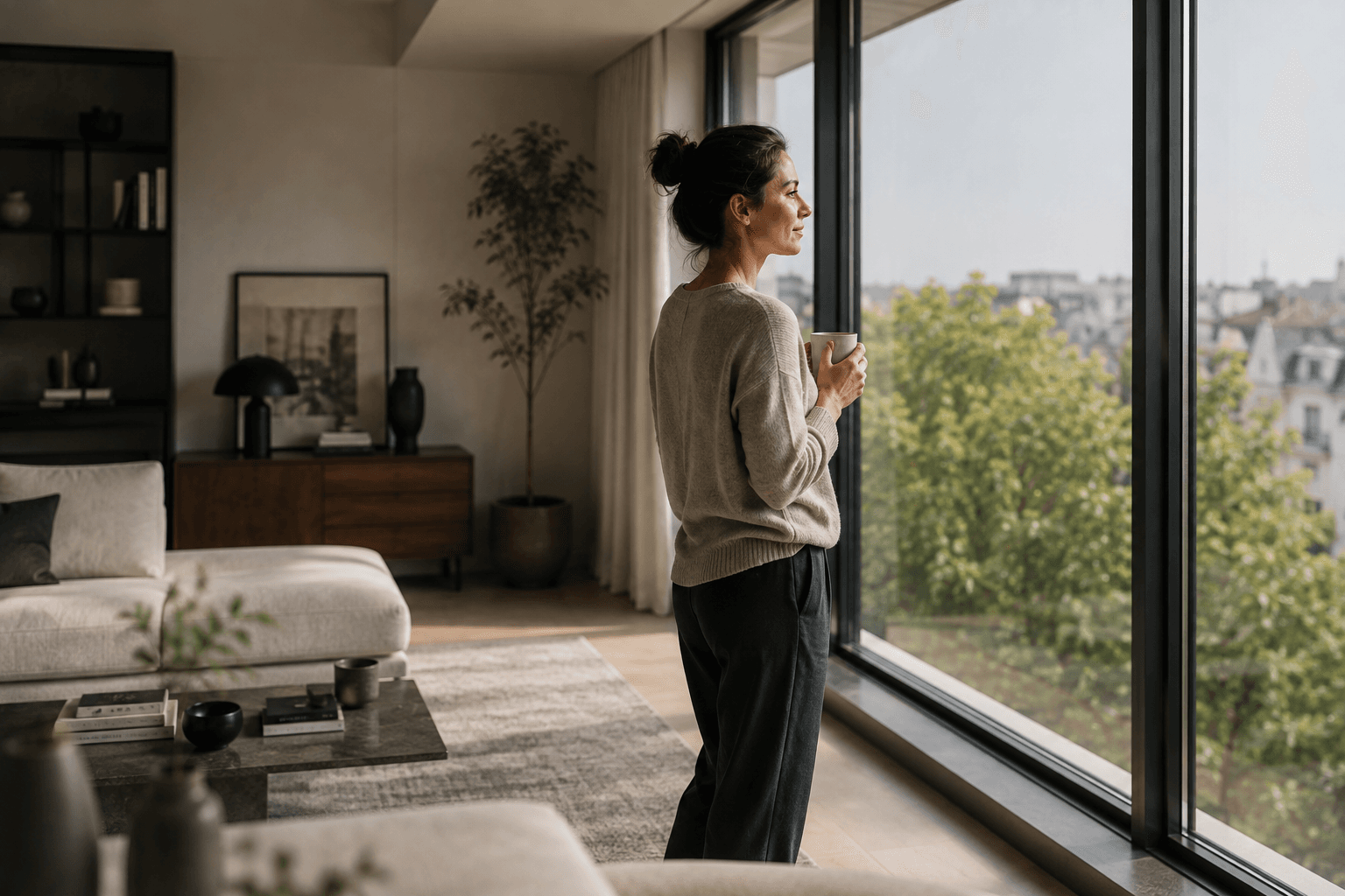 Frau in ruhiger moderner Umgebung bei einer bewussten Pause am Fenster