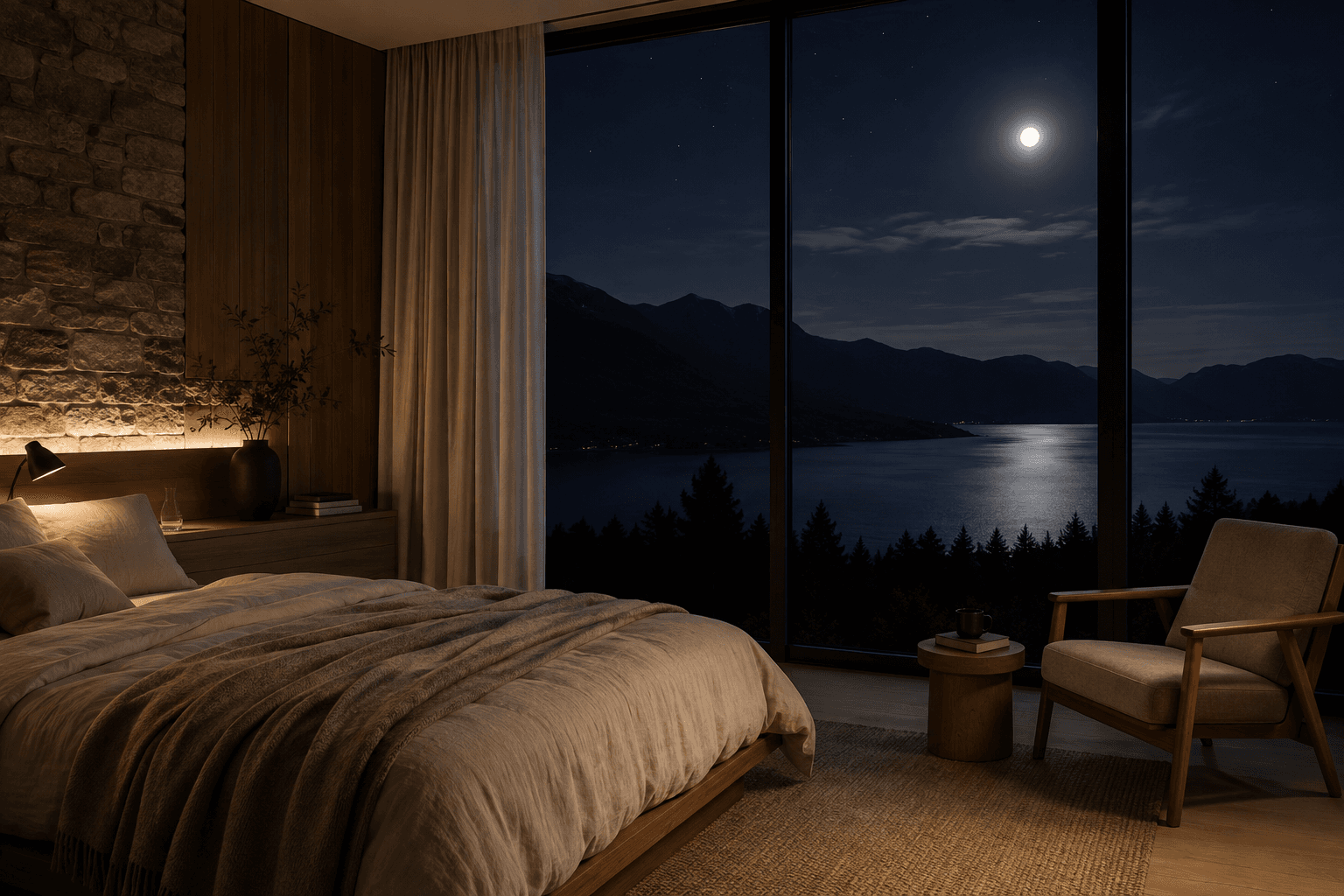 Ruhiges Schlafzimmer bei Nacht mit Blick auf einen See und Berge