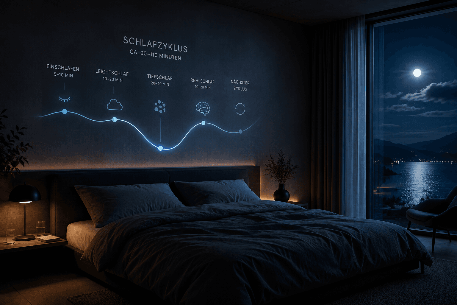 Nächtliches Schlafzimmer mit visualisiertem Verlauf eines Schlafzyklus